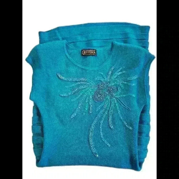 VINTAGE Glitters sequin Ocean Blue Embellished Sweater dress - Picture 1 of 6